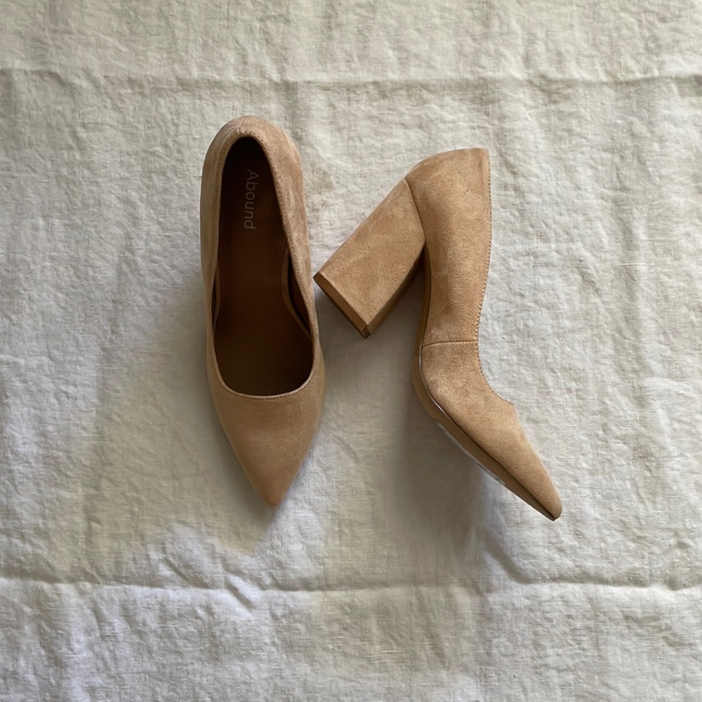 Nude suede block heels